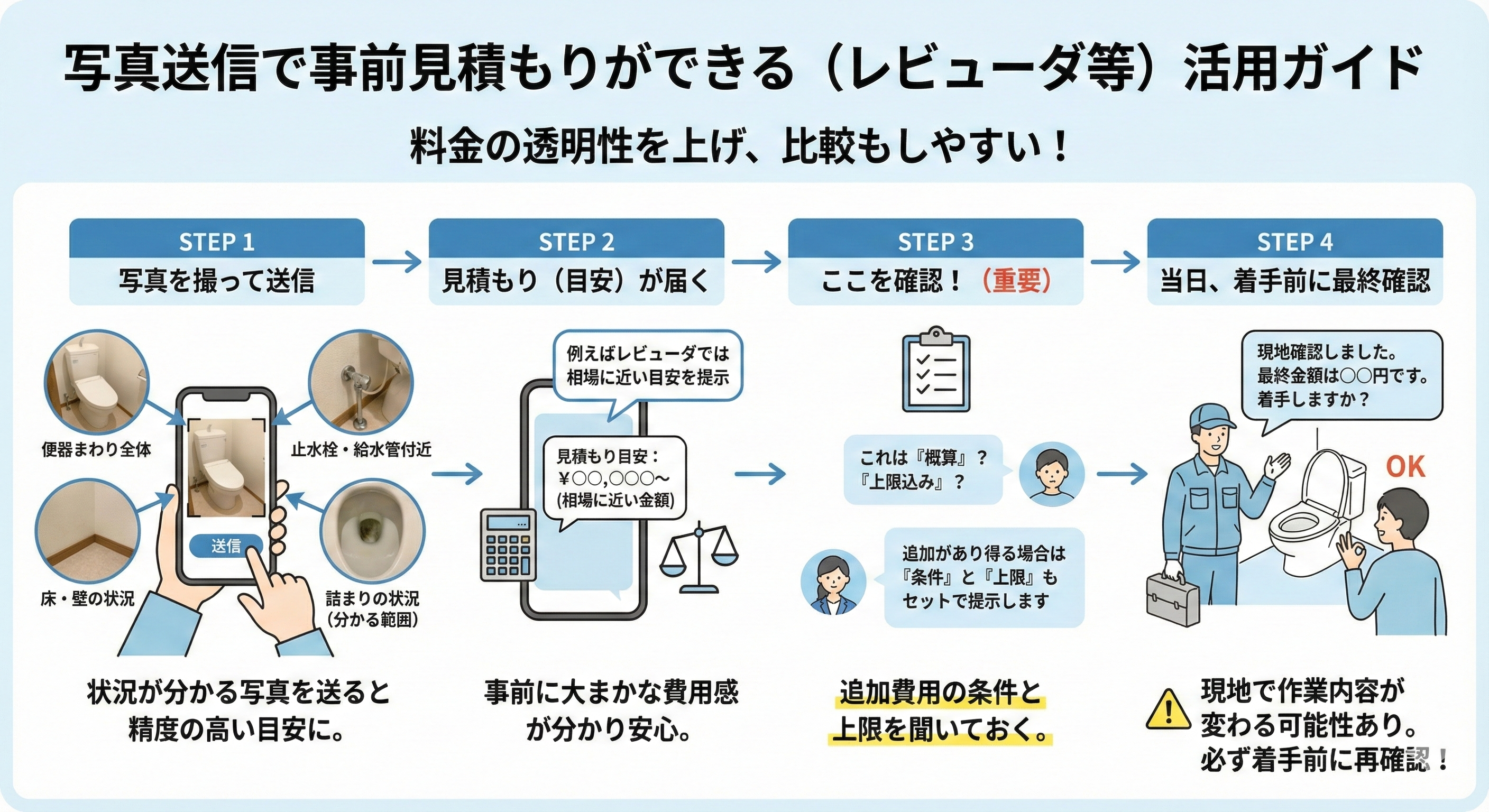 写真送信で事前見積もりができる（レビューダ等）